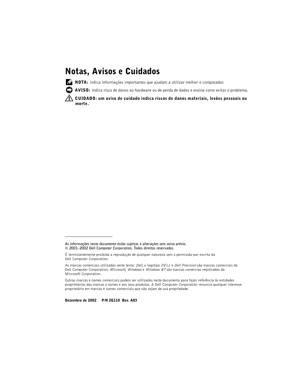 Notas, avisos e cuidados | Dell Precision 340 User Manual | Page 104 / 206