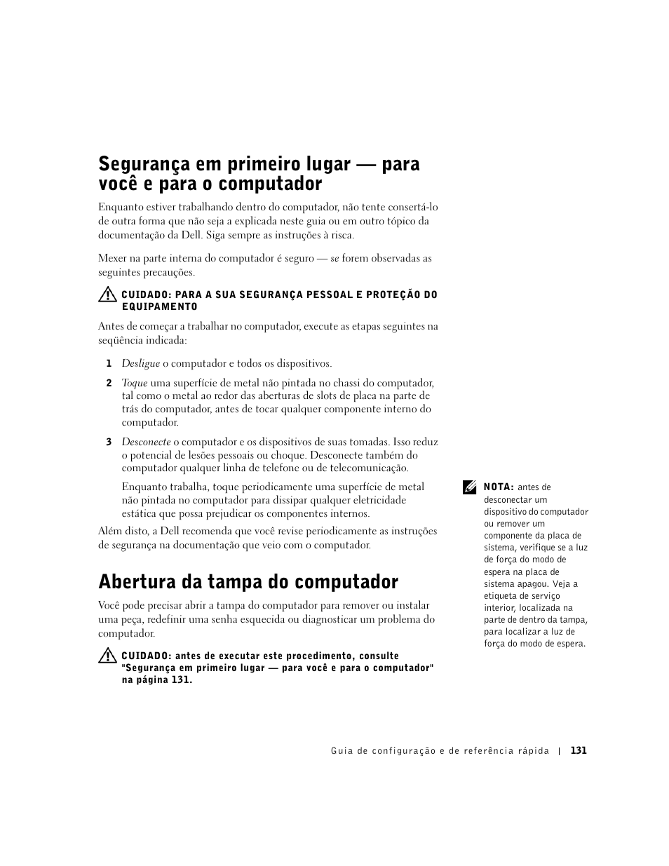 Abertura da tampa do computador | Dell Precision 340 User Manual | Page 131 / 206