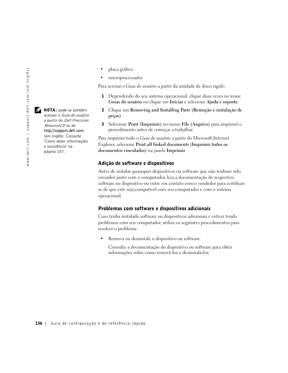 Adição de software e dispositivos, Problemas com software e dispositivos adicionais | Dell Precision 340 User Manual | Page 136 / 206