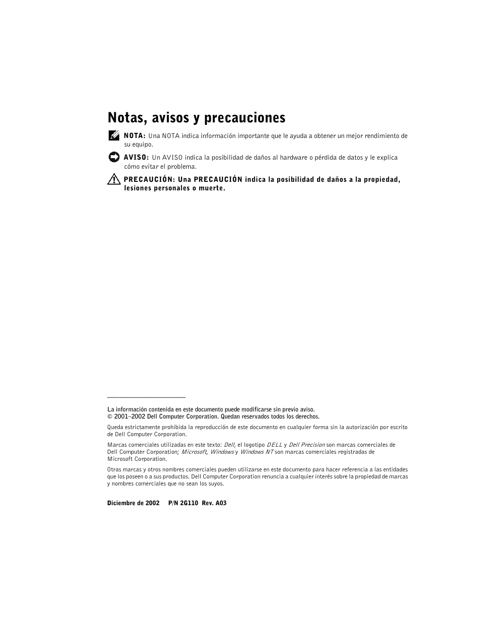 Notas, avisos y precauciones | Dell Precision 340 User Manual | Page 156 / 206