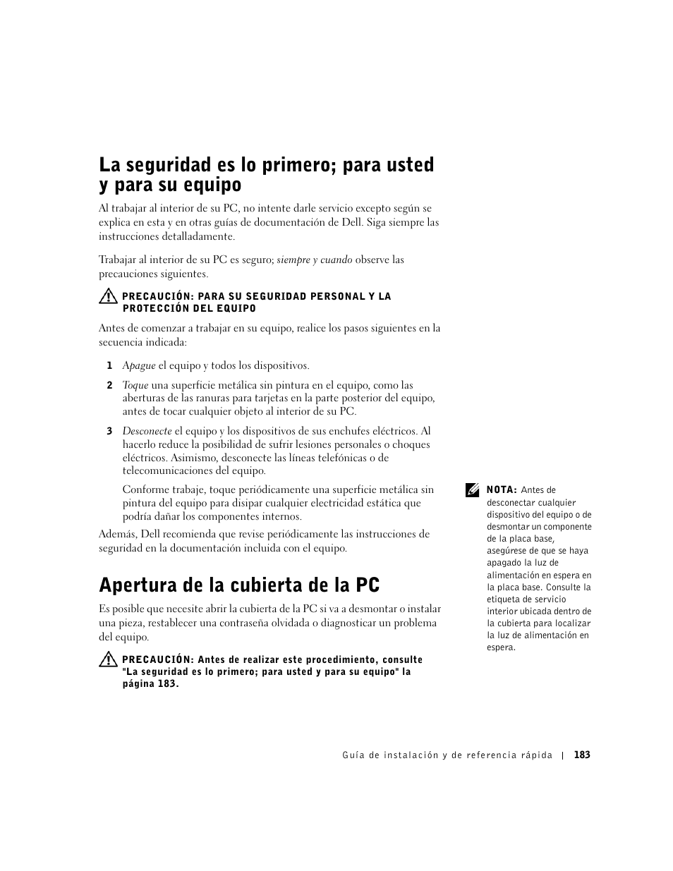 Apertura de la cubierta de la pc | Dell Precision 340 User Manual | Page 183 / 206