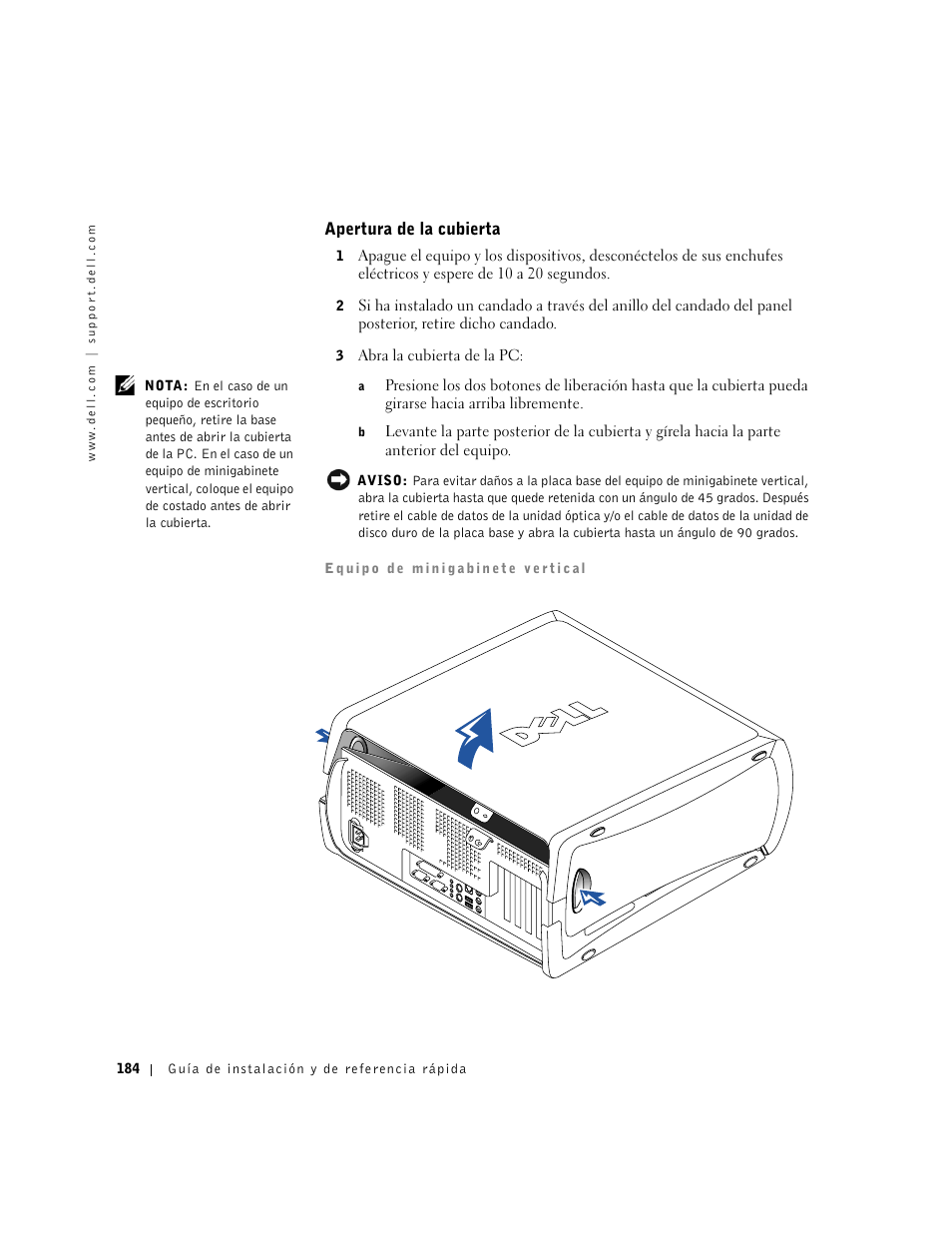 Apertura de la cubierta | Dell Precision 340 User Manual | Page 184 / 206