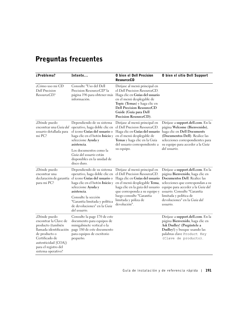 Preguntas frecuentes | Dell Precision 340 User Manual | Page 191 / 206
