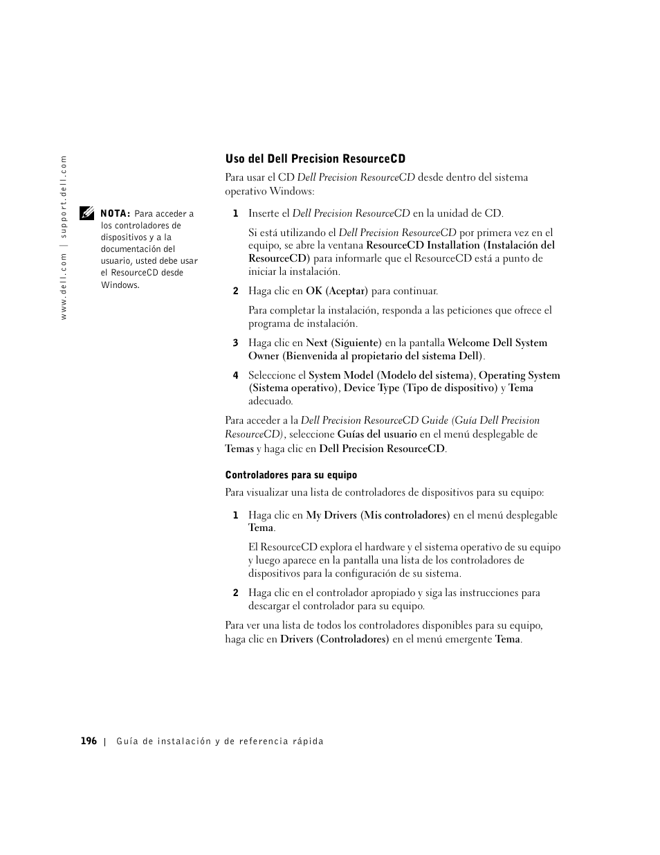 Uso del dell precision resourcecd | Dell Precision 340 User Manual | Page 196 / 206