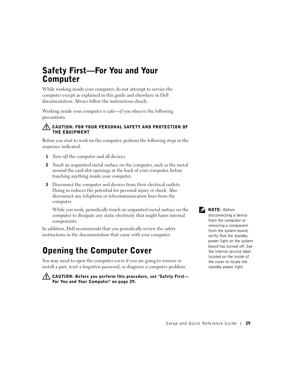 Safety first—for you and your computer, Opening the computer cover | Dell Precision 340 User Manual | Page 29 / 206