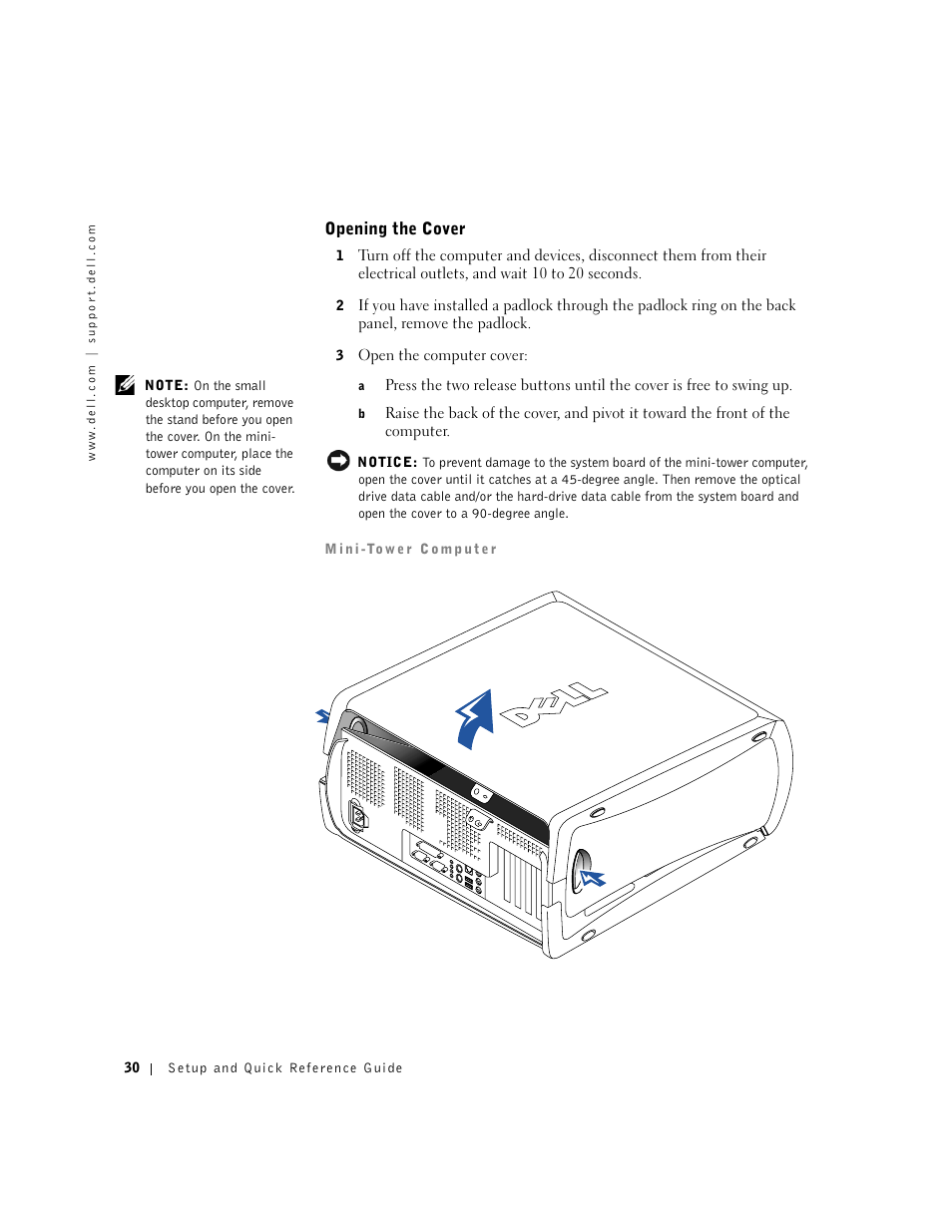 Opening the cover | Dell Precision 340 User Manual | Page 30 / 206