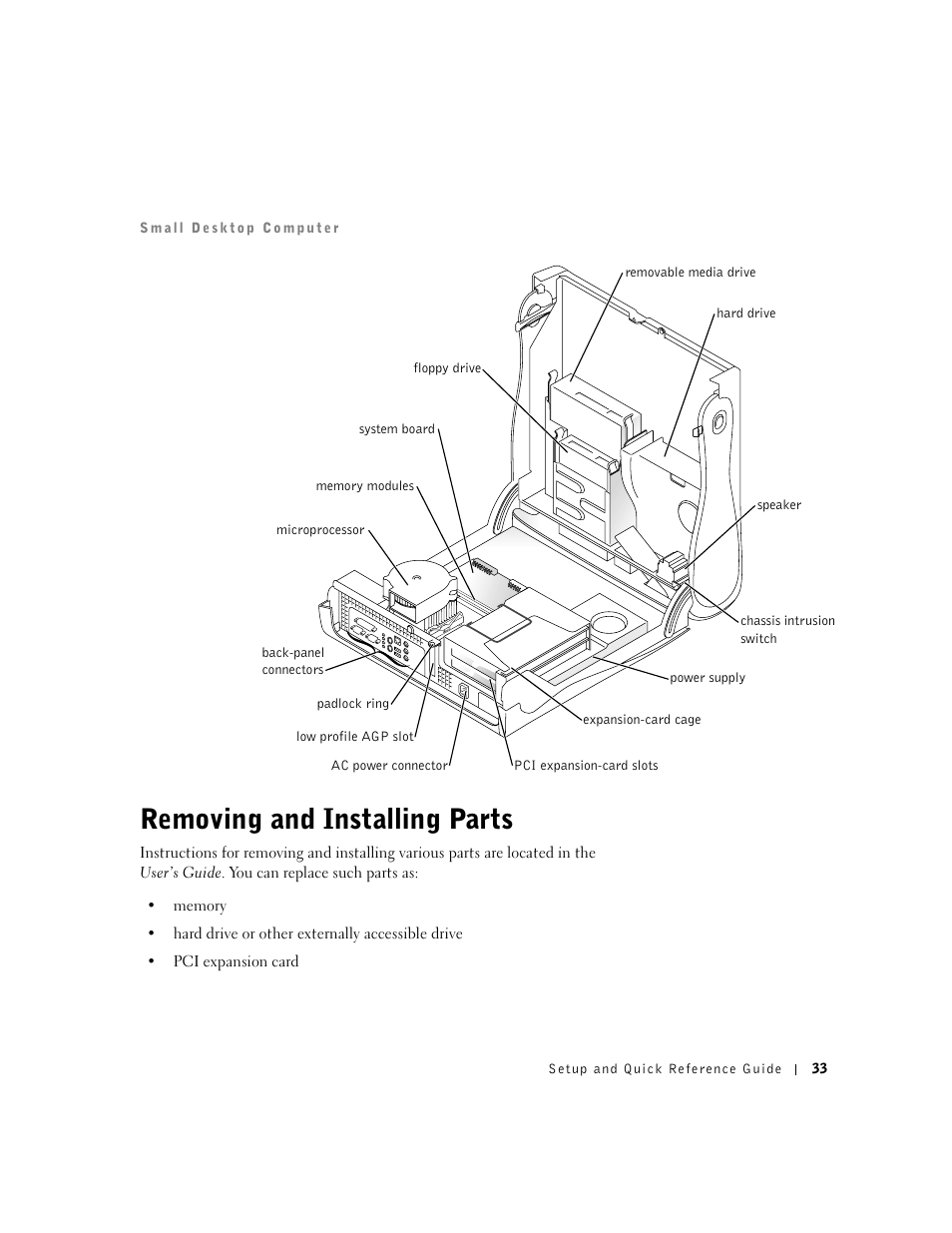 Removing and installing parts | Dell Precision 340 User Manual | Page 33 / 206