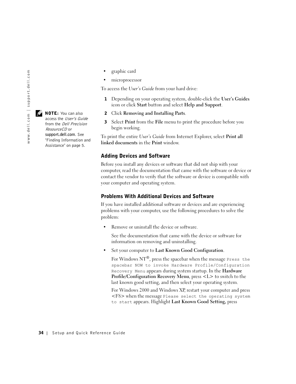 Adding devices and software, Problems with additional devices and software | Dell Precision 340 User Manual | Page 34 / 206