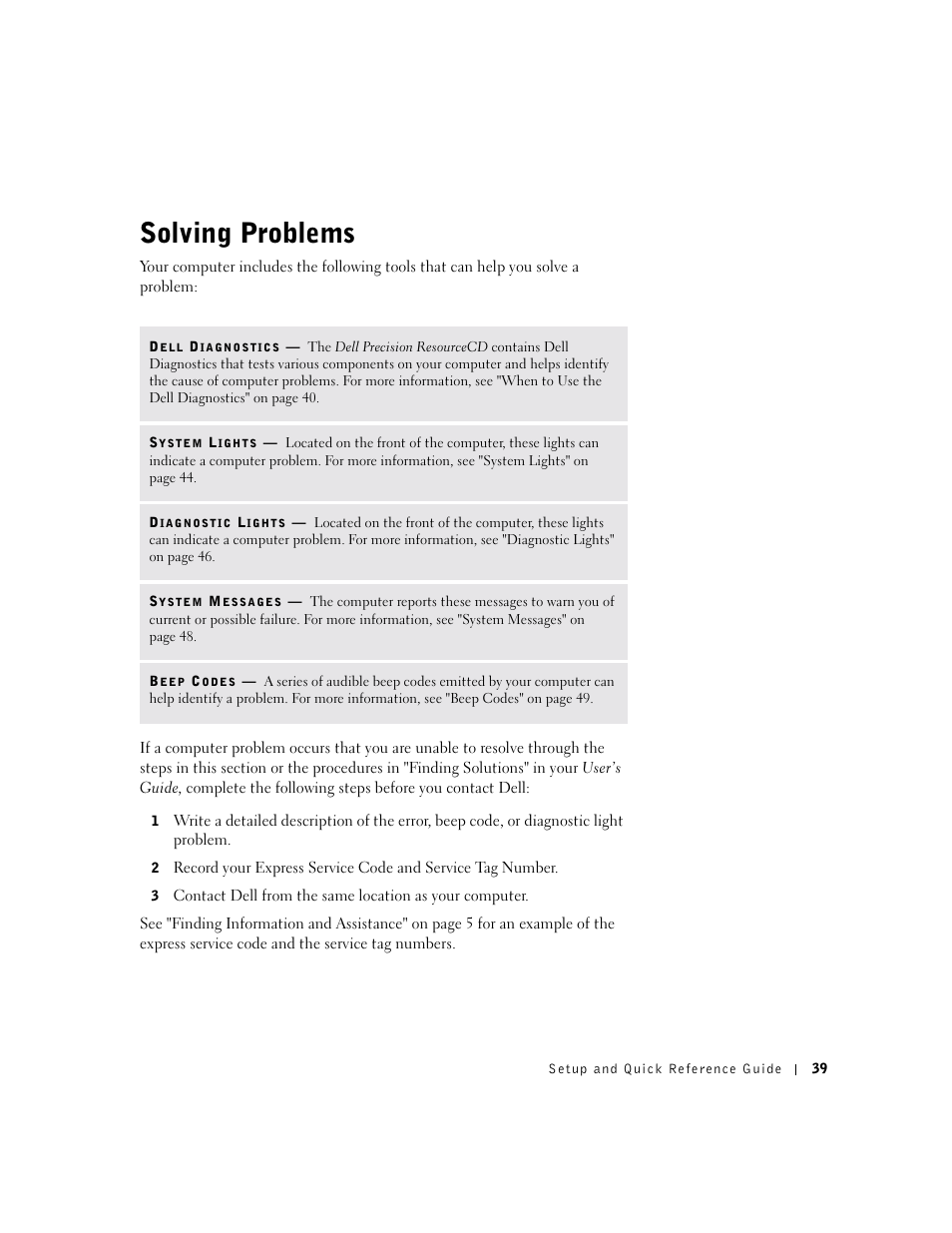 Solving problems | Dell Precision 340 User Manual | Page 39 / 206