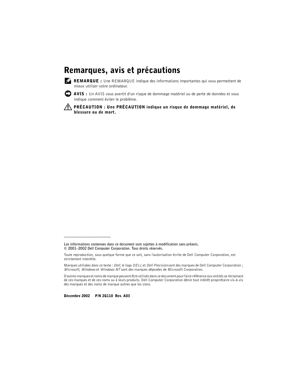 Remarques, avis et précautions | Dell Precision 340 User Manual | Page 52 / 206