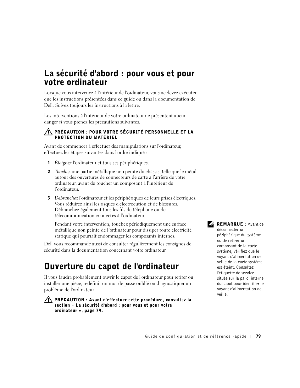 Ouverture du capot de l'ordinateur | Dell Precision 340 User Manual | Page 79 / 206