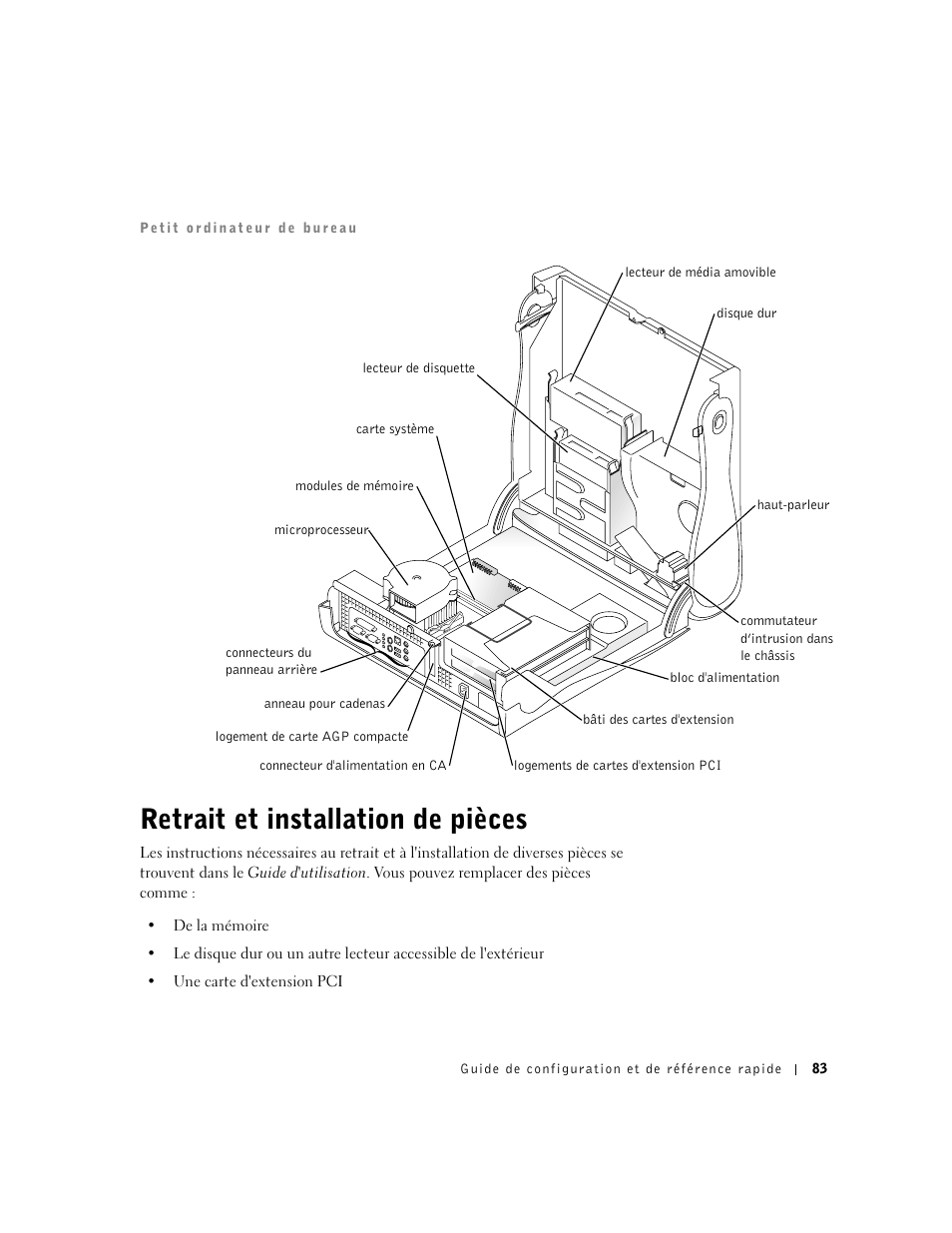 Retrait et installation de pièces | Dell Precision 340 User Manual | Page 83 / 206