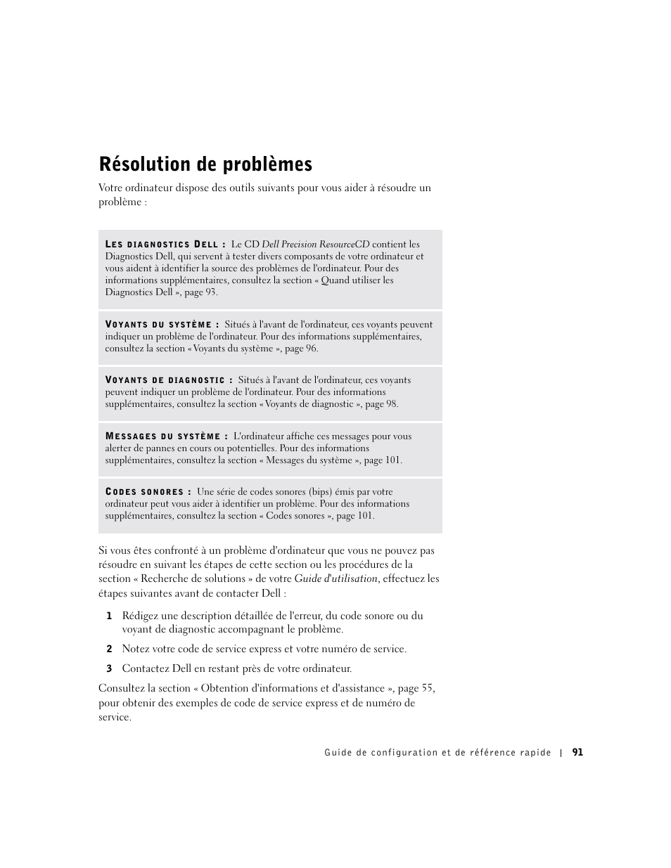 Résolution de problèmes | Dell Precision 340 User Manual | Page 91 / 206