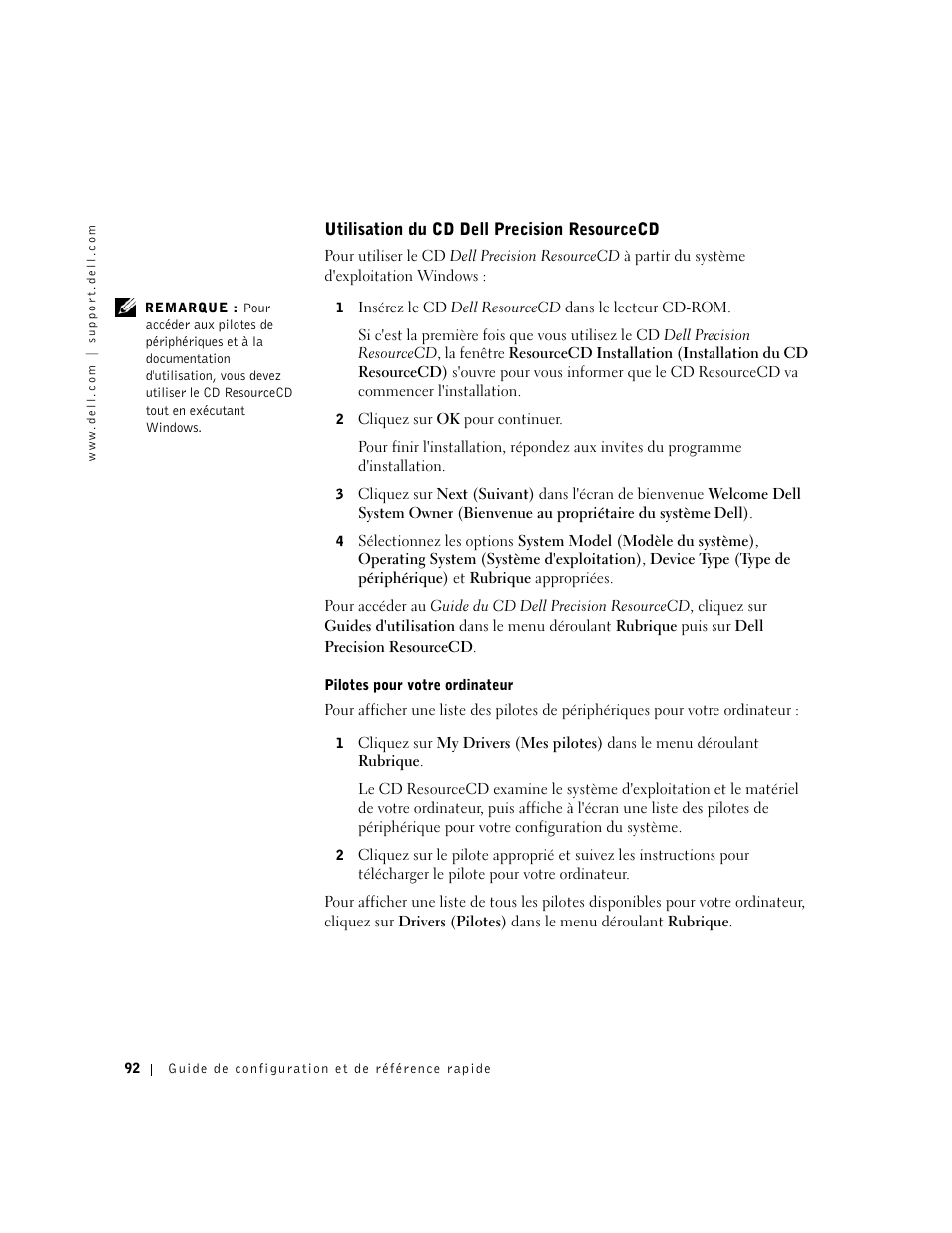 Utilisation du cd dell precision resourcecd | Dell Precision 340 User Manual | Page 92 / 206