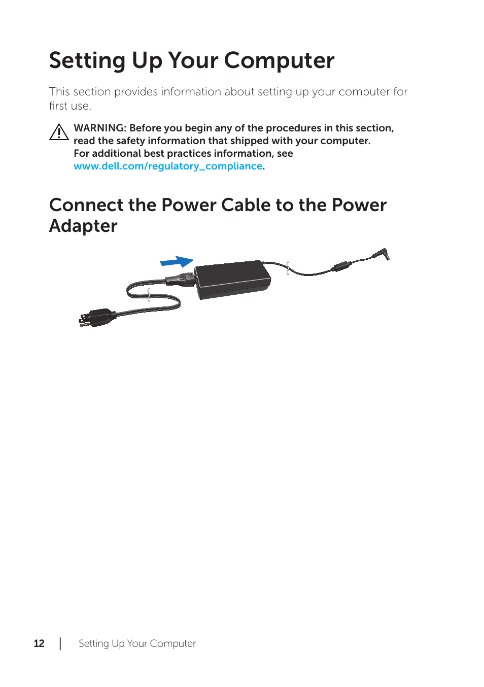 Setting up your computer, Connect the power cable to the power adapter | Dell XPS 18 (1810, Early 2013) User Manual | Page 12 / 46