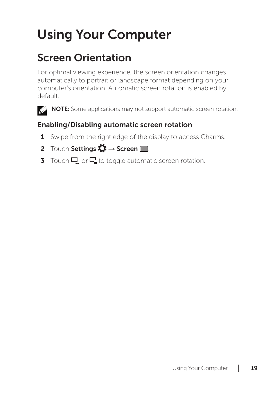 Using your computer, Screen orientation | Dell XPS 18 (1810, Early 2013) User Manual | Page 19 / 46