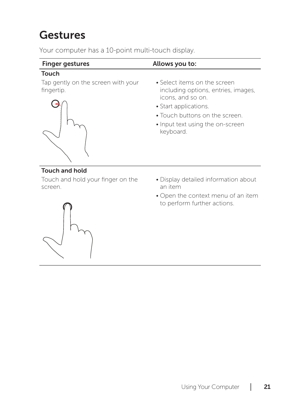 Gestures | Dell XPS 18 (1810, Early 2013) User Manual | Page 21 / 46