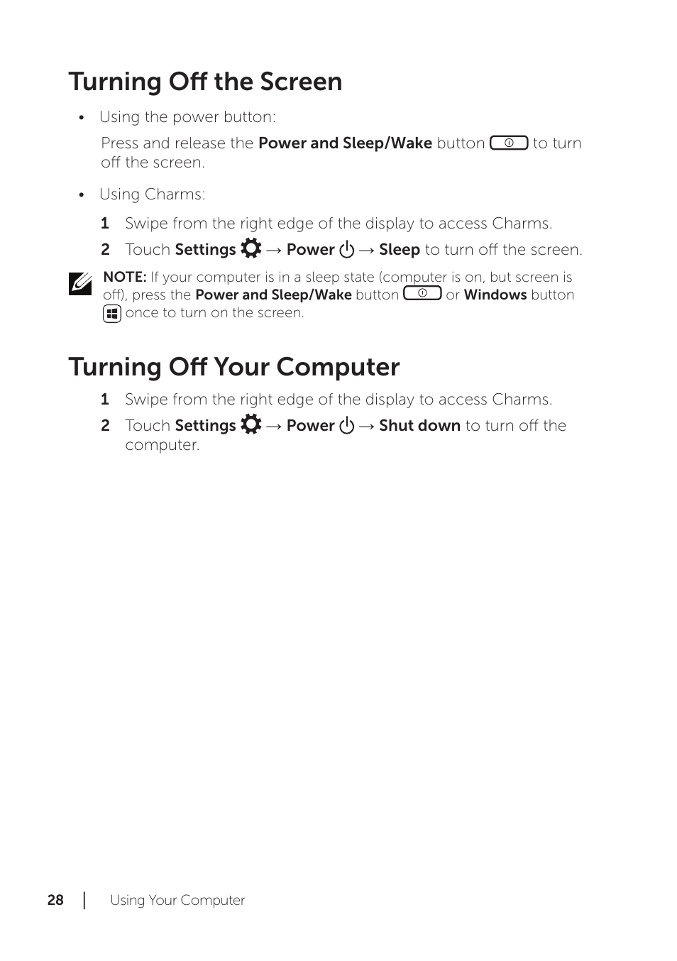 Turning off the screen, Turning off your computer | Dell XPS 18 (1810, Early 2013) User Manual | Page 28 / 46