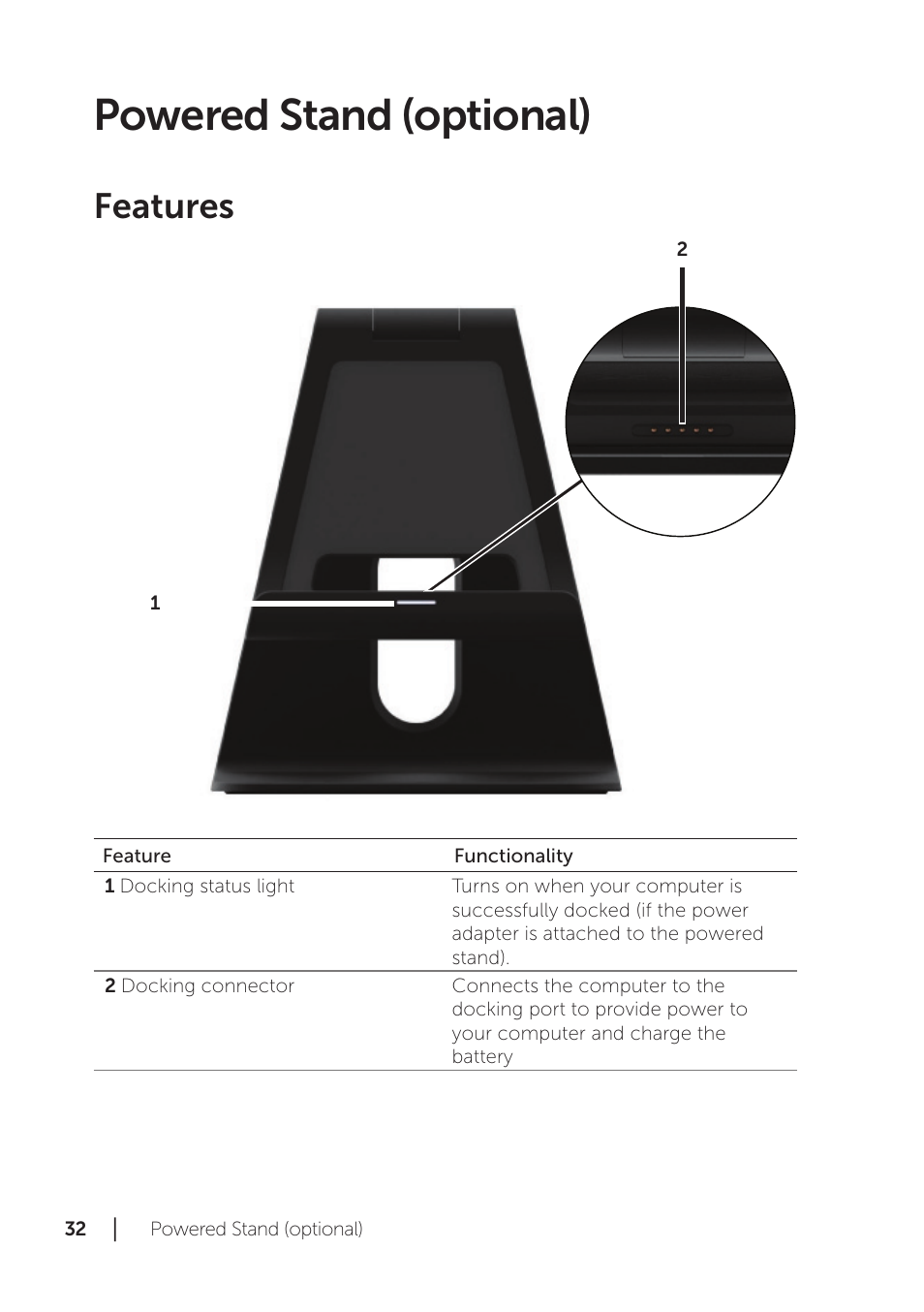 Powered stand (optional), Features | Dell XPS 18 (1810, Early 2013) User Manual | Page 32 / 46