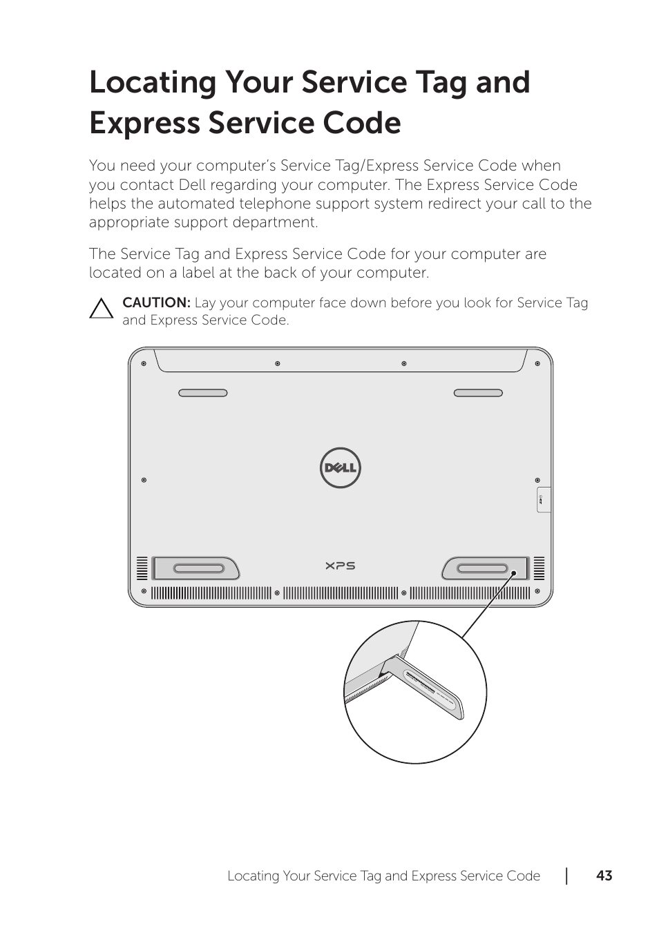 Locating your service tag and express service code | Dell XPS 18 (1810, Early 2013) User Manual | Page 43 / 46