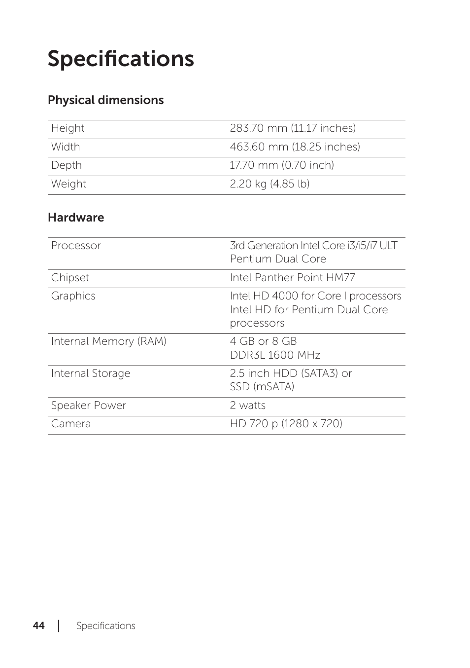 Specifications | Dell XPS 18 (1810, Early 2013) User Manual | Page 44 / 46