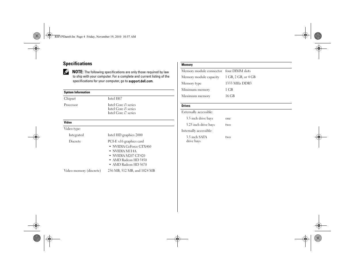 Specifications | Dell Vostro 460 (Late 2010) User Manual | Page 4 / 6