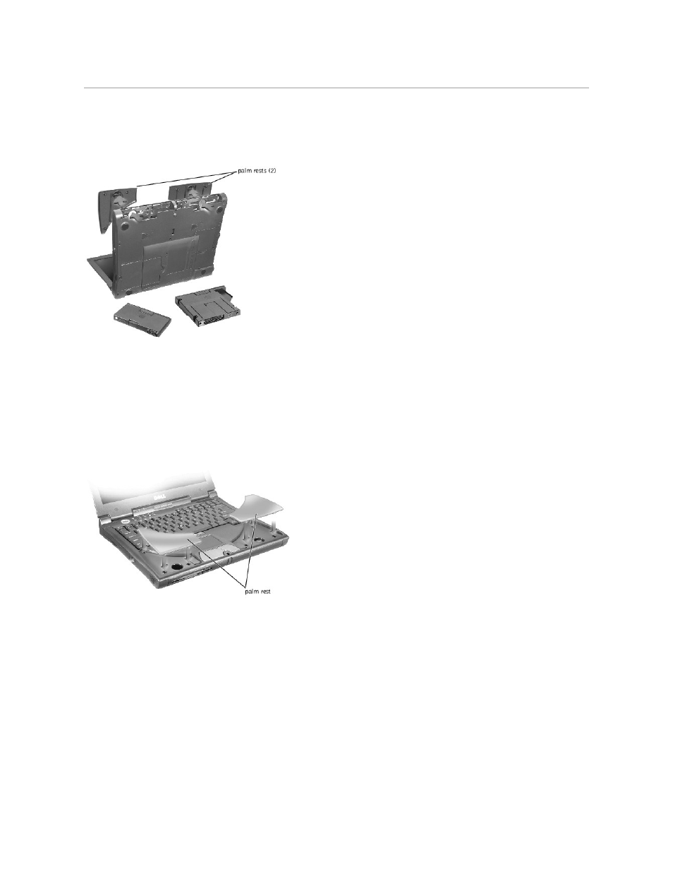 Palm rest assembly, Removing and replacing the palm rests, Removing the palm rest assembly | Dell Inspiron 8100 User Manual | Page 30 / 60