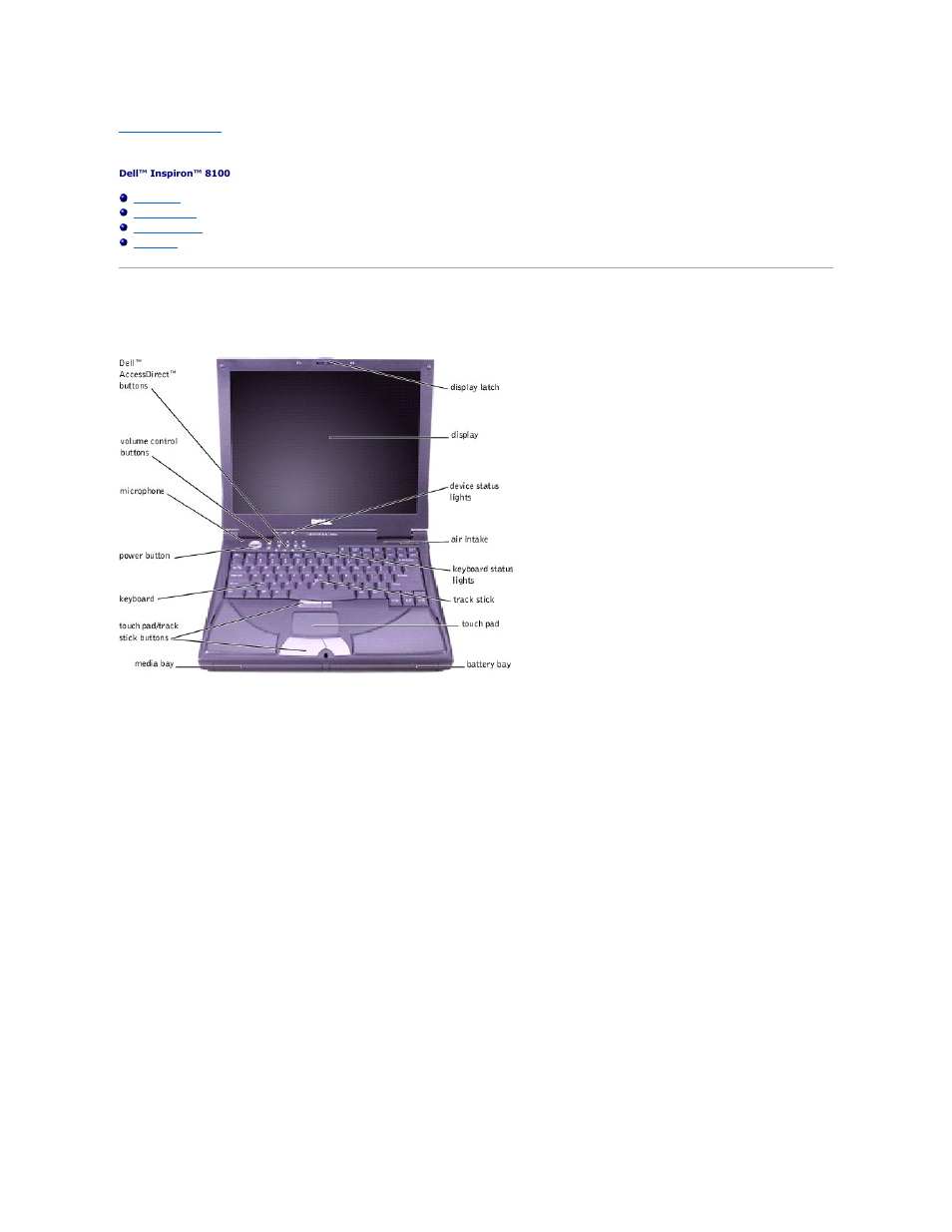 A tour of your computer, Front view, Display latch | Display, Device status lights | Dell Inspiron 8100 User Manual | Page 52 / 60