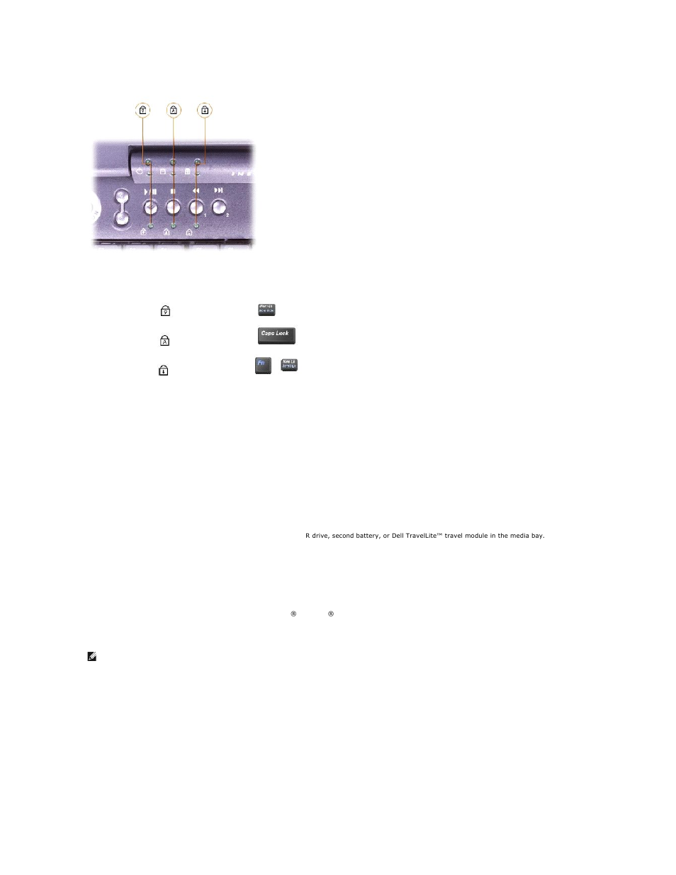 Track stick, Touch pad, Battery bay | Media bay, Touch pad/track stick buttons, Keyboard, Power button, Microphone, Volume control buttons | Dell Inspiron 8100 User Manual | Page 54 / 60