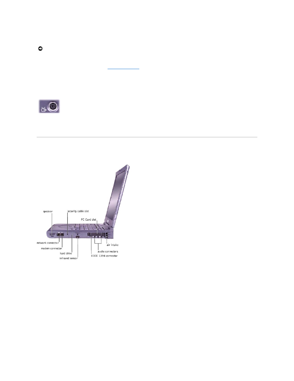 Right side view, Speakers, S-video tv-out connector | Fixed optical drive, Audio connectors | Dell Inspiron 8100 User Manual | Page 56 / 60