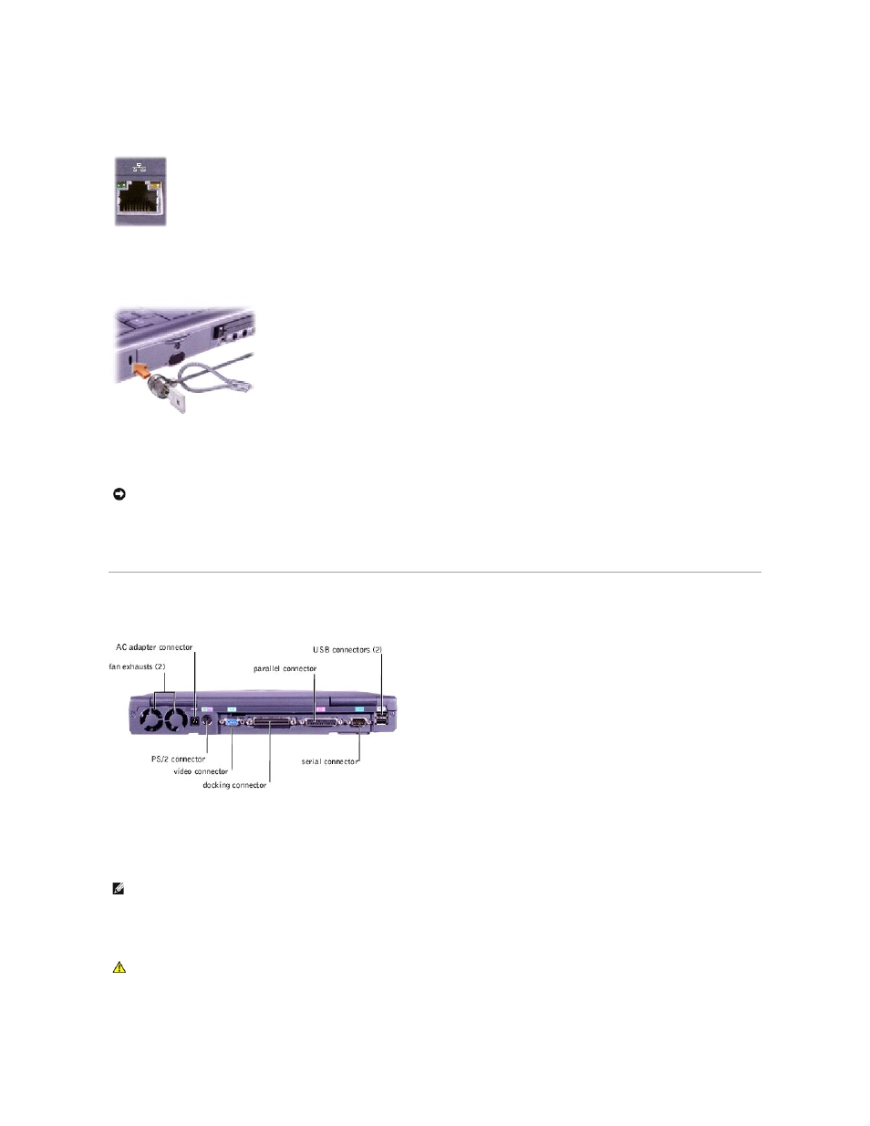Back view, Network connector, Security cable slot | Pc card slot, Fan exhausts, Ac adapter connector | Dell Inspiron 8100 User Manual | Page 58 / 60
