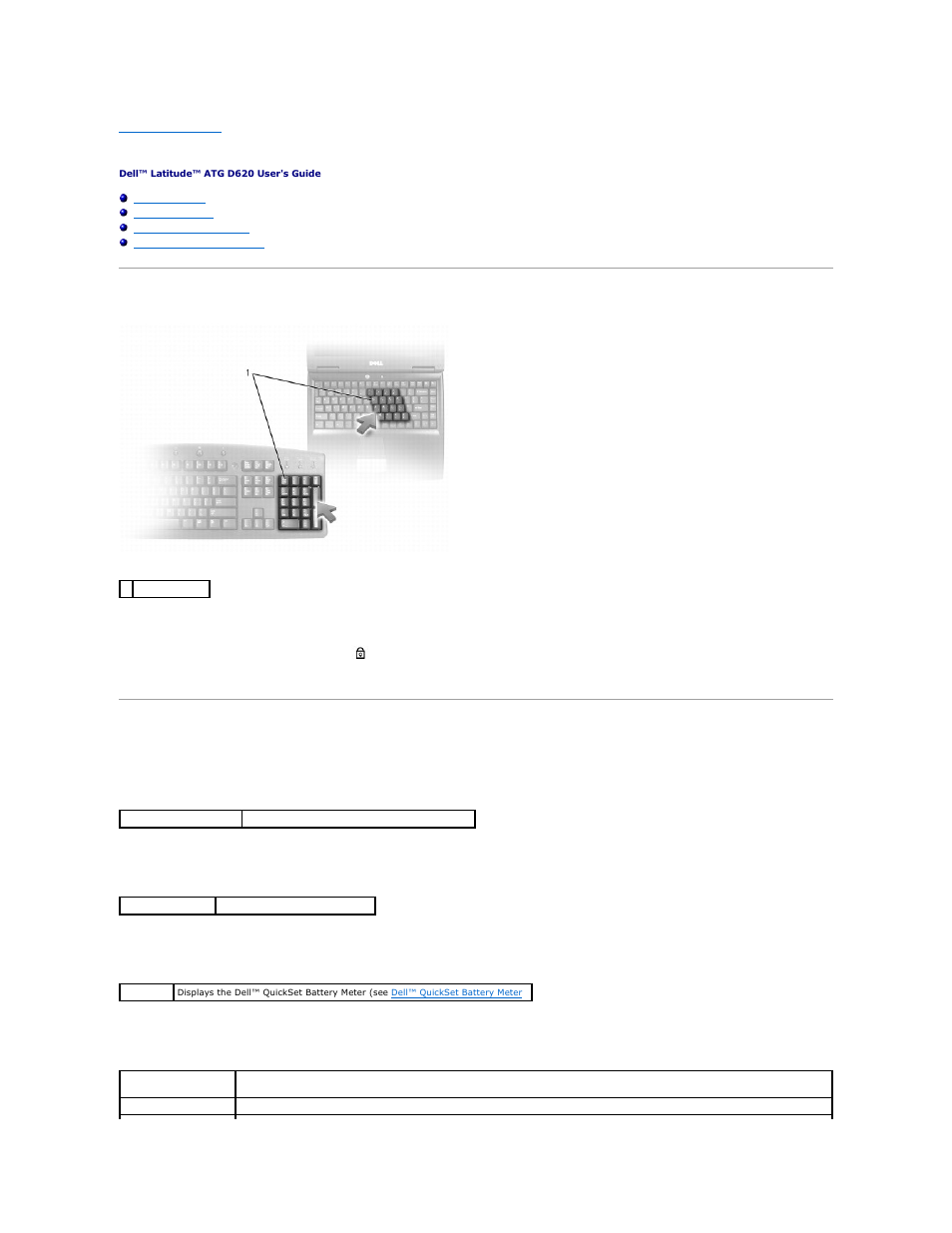 Using the keyboard, Numeric keypad, Key combinations | Keyboard illumination, System functions, Battery, Display functions | Dell Latitude D620 ATG User Manual | Page 51 / 107