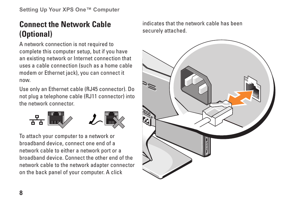 Connect the network cable (optional) | Dell XPS One 20 (Mid 2008) User Manual | Page 10 / 70