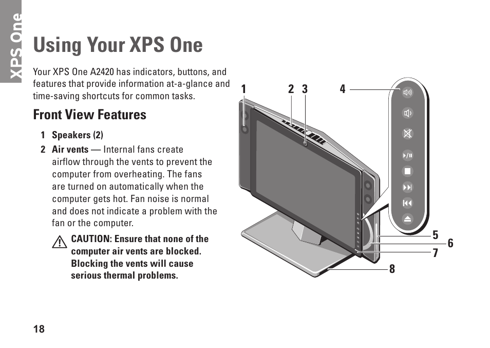 Using your xps one, Front view features, Xp s one | Dell XPS One 20 (Mid 2008) User Manual | Page 20 / 70