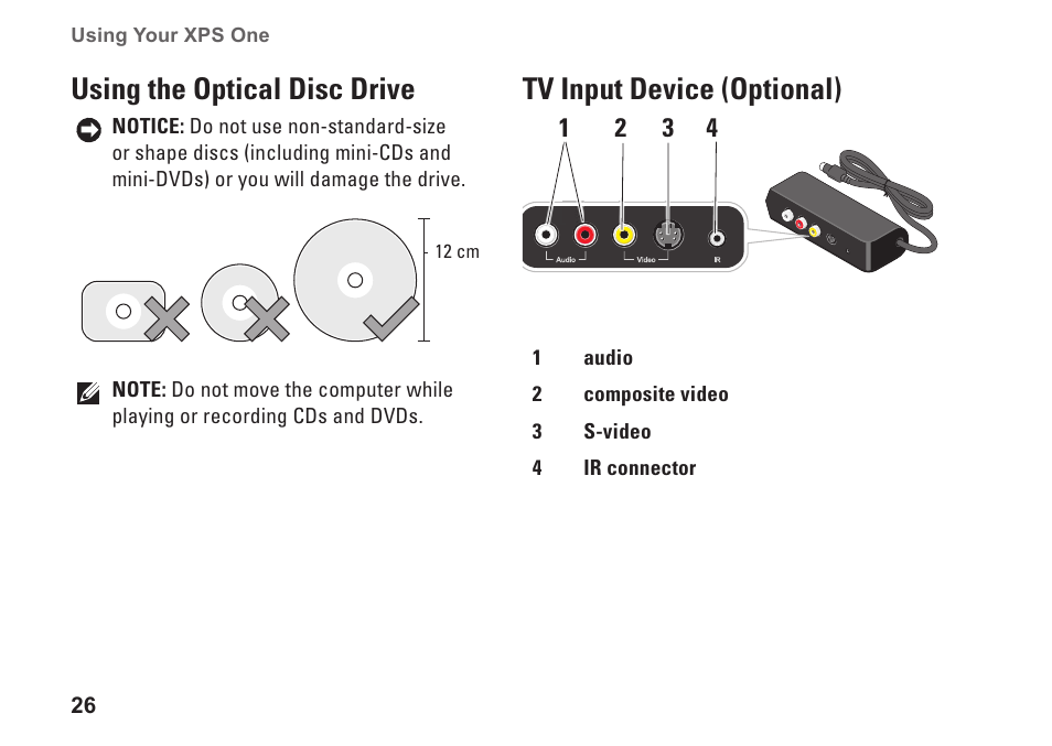 Using the optical disc drive, Tv input device (optional) | Dell XPS One 20 (Mid 2008) User Manual | Page 28 / 70