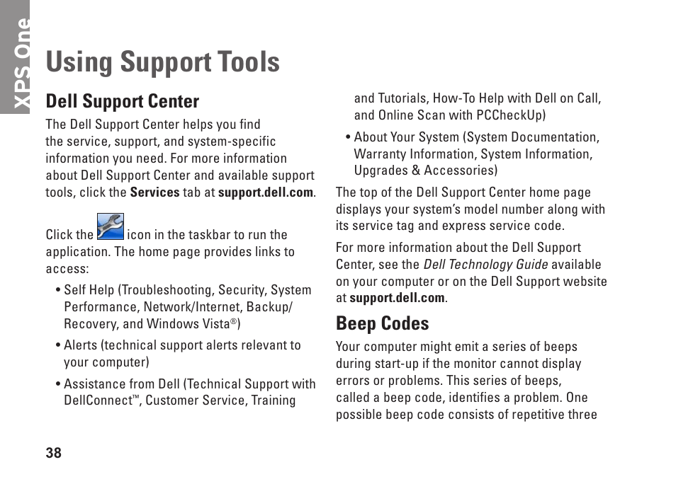 Using support tools, Dell support center, Beep codes | Dell support center beep codes, Xp s one | Dell XPS One 20 (Mid 2008) User Manual | Page 40 / 70