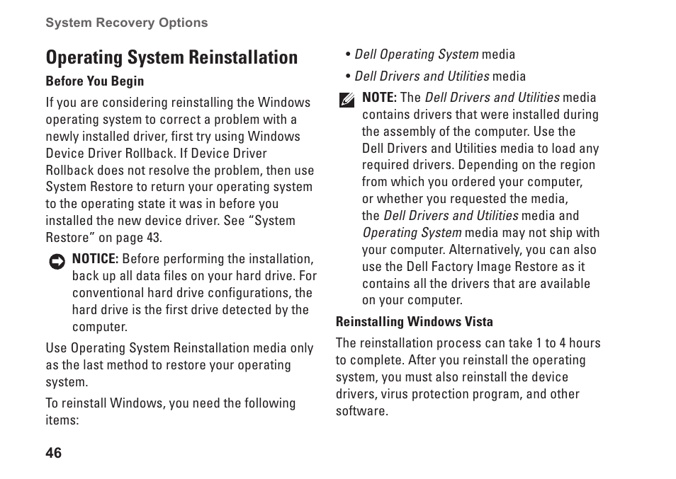 Operating system reinstallation | Dell XPS One 20 (Mid 2008) User Manual | Page 48 / 70