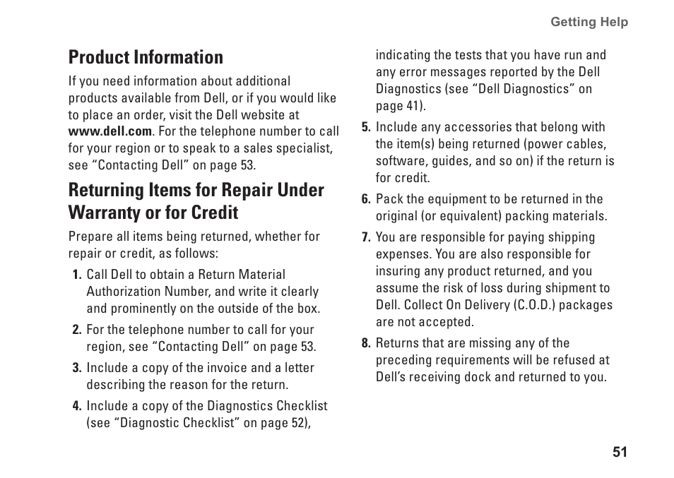 Product information, Warranty or for credit | Dell XPS One 20 (Mid 2008) User Manual | Page 53 / 70