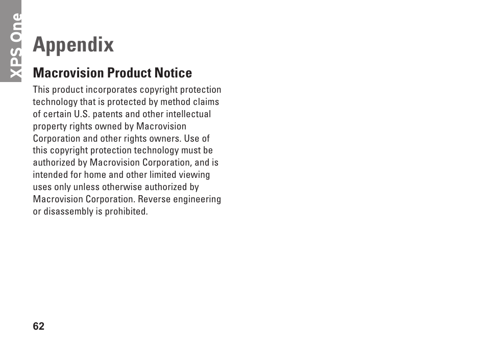 Appendix, Macrovision product notice, Xp s one | Dell XPS One 20 (Mid 2008) User Manual | Page 64 / 70