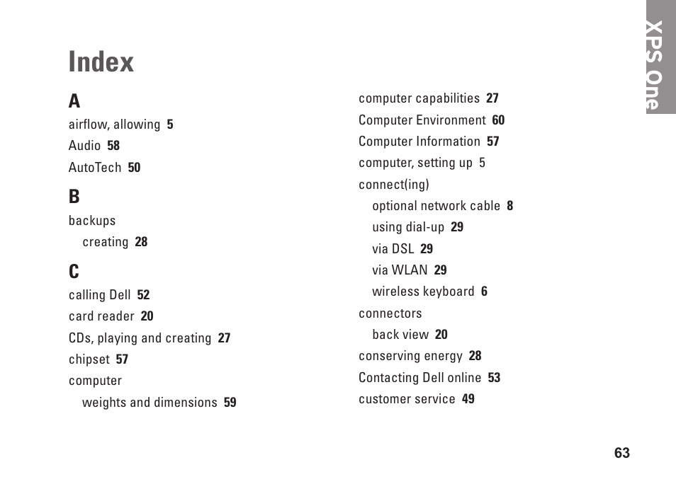 Index, Xp s one | Dell XPS One 20 (Mid 2008) User Manual | Page 65 / 70