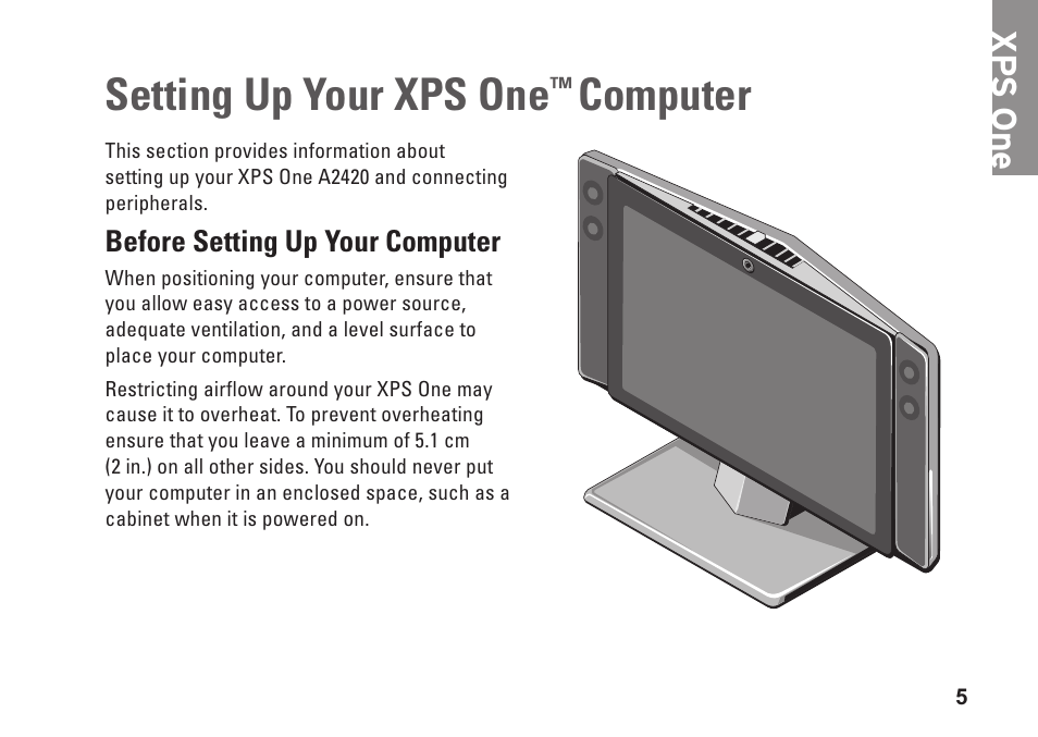 Setting up your xps one™ computer, Before setting up your computer, Setting up your xps one | Computer, Xp s one | Dell XPS One 20 (Mid 2008) User Manual | Page 7 / 70