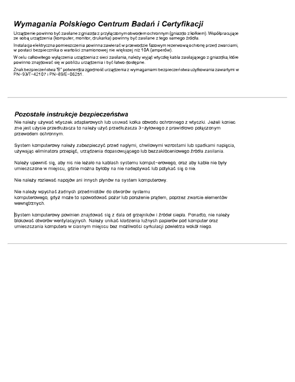 Wymagania polskiego centrum badan i certyfikacji, Pozostale instrukcje bezpieczenstwa, Nom information (mexico only) | Dell Precision 610 User Manual | Page 118 / 136