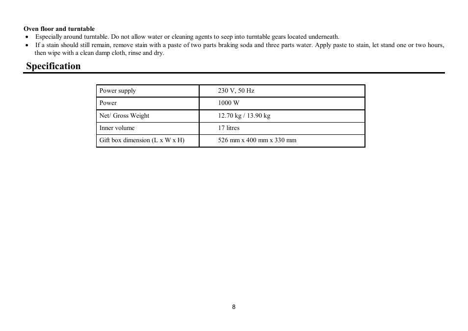 Specification | Hyundai H-MW1317 User Manual | Page 8 / 15