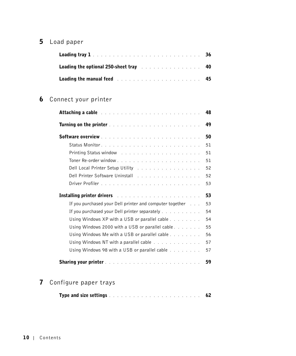5load paper, 6connect your printer, 7configure paper trays | Dell P1500 Personal Mono Laser Printer User Manual | Page 10 / 100