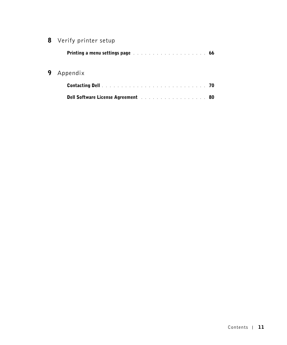 8verify printer setup, 9appendix | Dell P1500 Personal Mono Laser Printer User Manual | Page 11 / 100