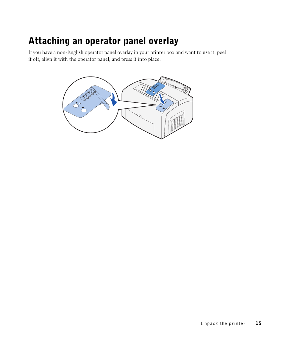 Attaching an operator panel overlay | Dell P1500 Personal Mono Laser Printer User Manual | Page 15 / 100