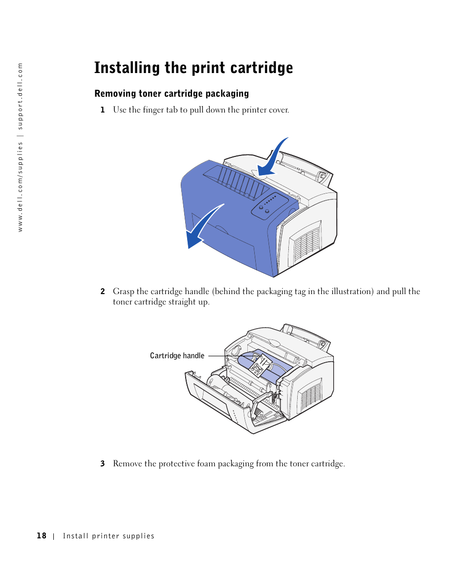 Installing the printcartridge, Removing toner cartridge packaging, Installing the print cartridge | Dell P1500 Personal Mono Laser Printer User Manual | Page 18 / 100