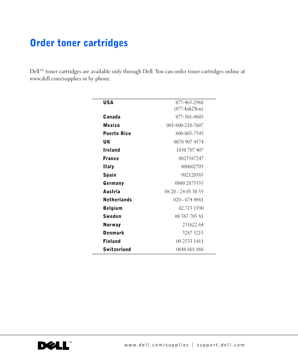 Order toner cartridges | Dell P1500 Personal Mono Laser Printer User Manual | Page 2 / 100