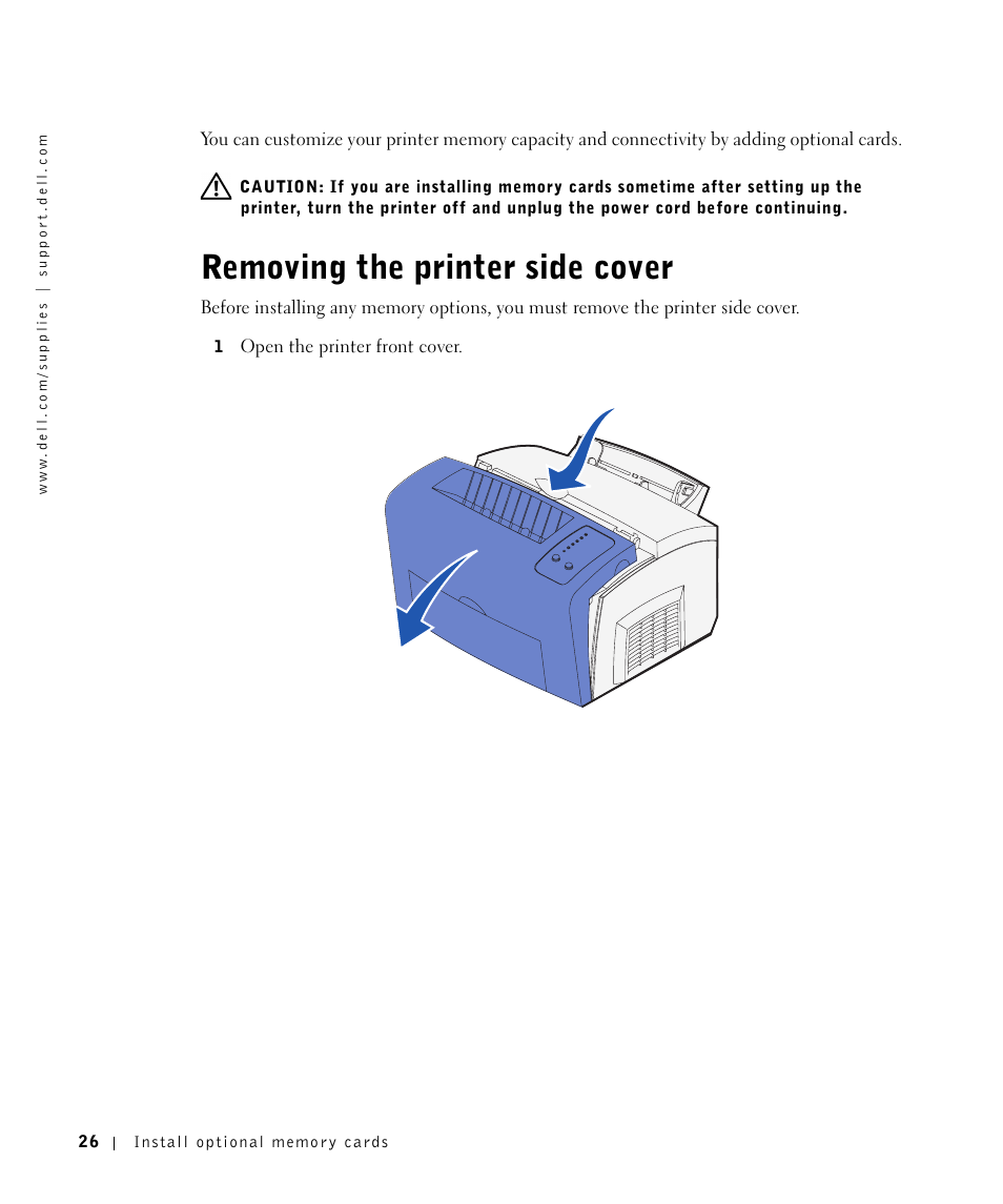 Removing the printer side cover | Dell P1500 Personal Mono Laser Printer User Manual | Page 26 / 100