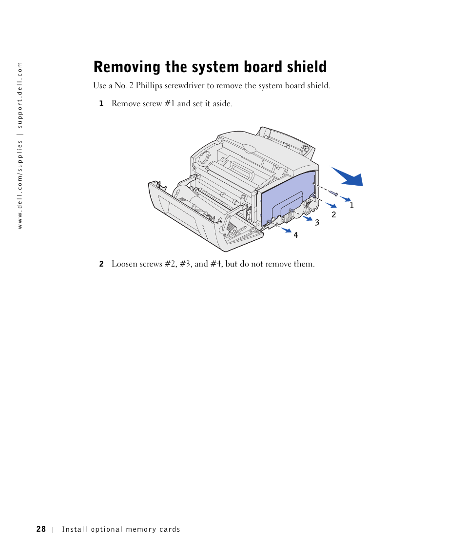 Removing the system board shield | Dell P1500 Personal Mono Laser Printer User Manual | Page 28 / 100